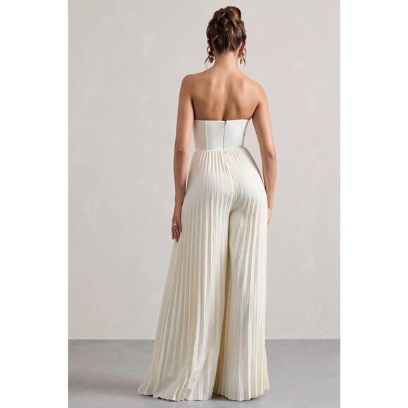 NWT Club L London Lorelai Corset Plisse Wide-Leg Jumpsuit Cream Women's Size 6 - Picture 2 of 7